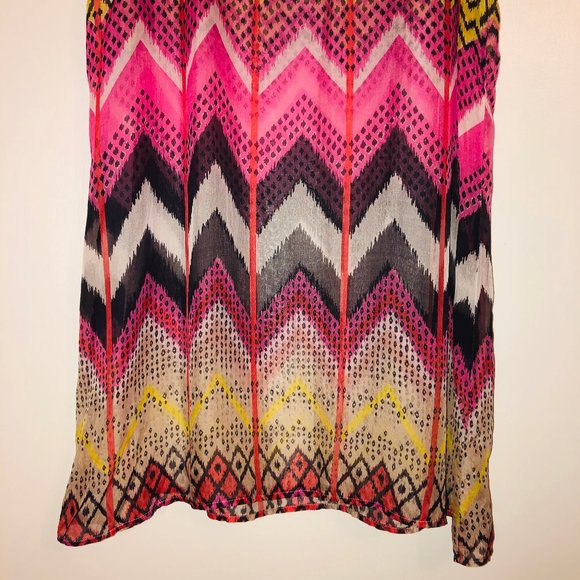 Vintage Carven Silk Chiffon Pink Print Knit Trim Long Sleeveless Top Oversized - Picture 7 of 12